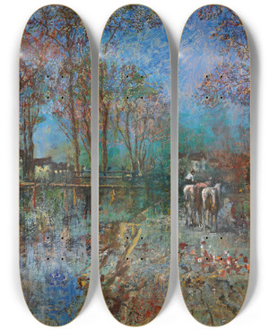 Triptych art skateboard deck of Robert Russ Landschaft Mit Pferdegruppe by Robert Russ (1847-1922)