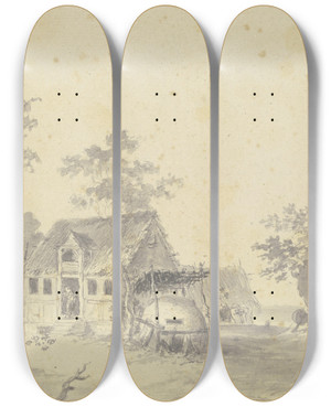 Triptych art skateboard deck of Carl Friedrich Von Rumohr Landscape With Farmhouse by Carl Friedrich Von Rumohr