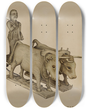 Triptych art skateboard deck of Claude Marshall Loghauling by Claude Marshall