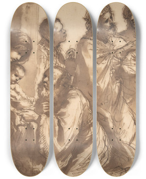 Triptych art skateboard deck of Guercino The Adoration Of The Magi by Guercino (1591-1666)