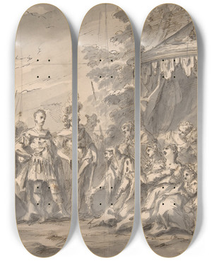 Triptych art skateboard deck of Gaspare Diziani The Family Of Darius Before Alexander by Gaspare Diziani (1689-1767)