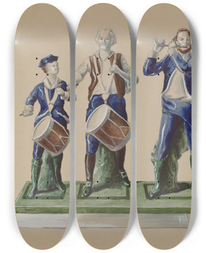 Triptych art skateboard deck of Ralph Atkinson Statuette by Ralph Atkinson (20-)