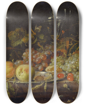 Triptych art skateboard deck of Abraham Mignon Still Life With Fruit Tin Plate And Wine Glasses by Abraham Mignon (1640-1679)