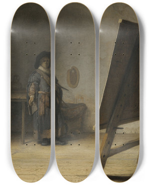 Triptych art skateboard deck of Rembrandt Van Rijn The Artist In His Studio by Rembrandt Van Rijn (1606-1669)