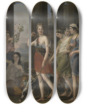 Triptych art skateboard deck of Joseph Paelinck Beautiful Anthia Leads Her Companions To The Temple Of Diana In Ephesus by Joseph Paelinck (1781-1839)