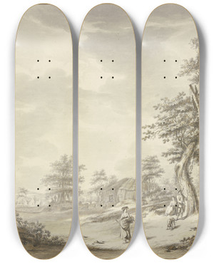 Triptych art skateboard deck of Leendert Overbeek Unter Einzelnen Baumgruppen Einige Htten Dabei Ein Hirte Mit Vieh Im Vordergrund Ein Barfiges Mdchen Mit Einem Korbe Am Arm Und Einem Stock In Der Hand by Leendert Overbeek (1752-1815)