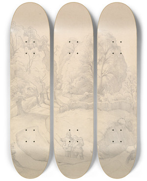 Triptych art skateboard deck of Victor Paul Mohn Wayfarers Near A Ruin In A Hilly Landscape by Victor Paul Mohn (1843-1911)