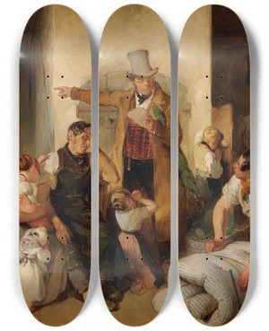 Triptych art skateboard deck of Peter Fendi Die Pfndung by Peter Fendi (1796-1842)
