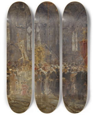 Triptych art skateboard deck of Hermann Braun Prozession Vor Einer Kirche by Hermann Braun