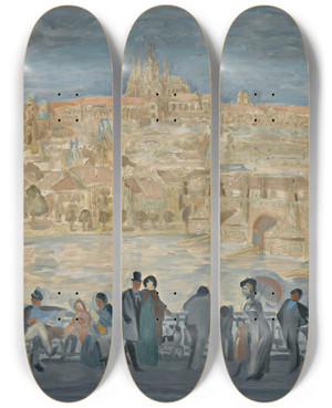Triptych art skateboard deck of Antonin Prochzka View Of Prague Castle by Antonin Prochazka (1882-1945)