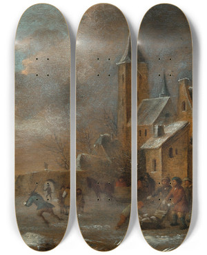 Triptych art skateboard deck of Nicolaes Molenaer A Winter Landscape With Skaters On The Ice_3 by Nicolaes Molenaer (1626-1676)