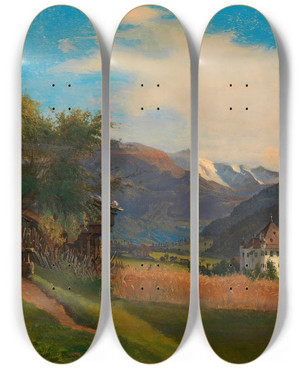 Triptych art skateboard deck of Carl Geyling Stumm Im Zillertal by Carl Geyling (1814-1880)