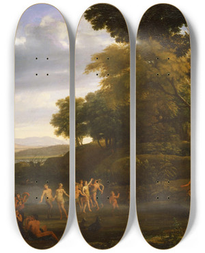 Triptych art skateboard deck of Claude Lorrain Landscape With Dancing Satyrs And Nymphs by Claude Lorrain (1604-1682)