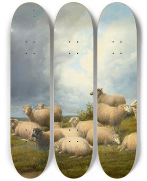 Triptych art skateboard deck of Thomas Sidney Cooper Sheep In A Pasture by Thomas Sidney Cooper (1803-1902)