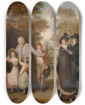 Triptych art skateboard deck of William Redmore Bigg The Benevolent Heir Or The Tenant Restored To His Family by William Redmore Bigg (1755-1828)