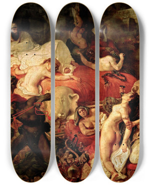 Triptych art skateboard deck of Eugne Delacroix Death Of Sardanapalus by Eugene Delacroix (1798-1863)
