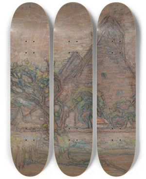 Triptych art skateboard deck of Walter Griffin In A French Village by Walter Griffin (1861-1935)
