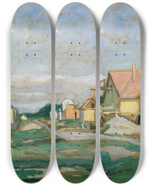 Triptych art skateboard deck of Johanna Kampmannfreund Vorortsiedlung by Johanna Kampmann-Freund (1888-1940)