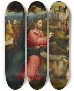 Triptych art skateboard deck of Bonifacio Veronese Christ And The Samaritan Woman At The Fountain Of Jacob At Sichar by Bonifacio Veronese (1487-1553)