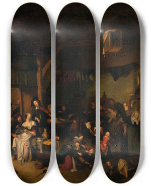 Triptych art skateboard deck of Richard Brakenburgh Tavern Scene by Richard Brakenburgh (1650-1702)