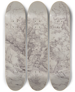 Triptych art skateboard deck of Johann Wilhelm Schirmer Waldstck Bei Vaisonlaromaine by Johann Wilhelm Schirmer (1807-1863)
