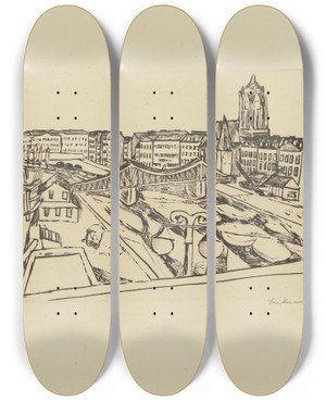 Triptych art skateboard deck of Max Beckmann City View With Eiserner Steg Iron Bridge by Max Beckmann (1884-1950)