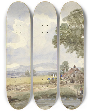 Triptych art skateboard deck of Pieter Van Loon Landschap Met Boerderij by Pieter Van Loon (1801-1873)