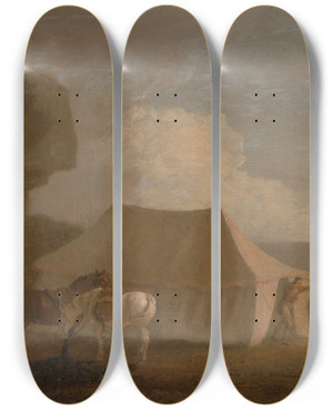 Triptych art skateboard deck of Julius Caesar Ibbetson The Shooting Party by Julius Caesar Ibbetson (1759-1817)