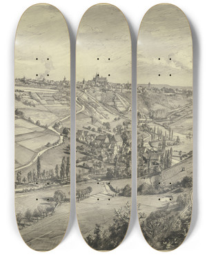 Triptych art skateboard deck of Theodor Alt Blick Auf Rothenburg Ob Der Tauber by Theodor Alt (1846-1937)