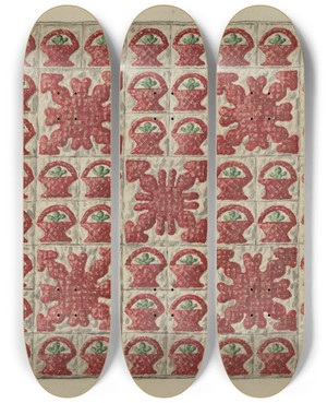 Triptych art skateboard deck of Marian Curtis Foster Applique Crib Coverlet by Marian Curtis Foster