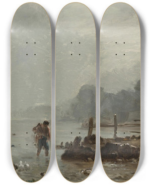Triptych art skateboard deck of Constant Troyon Fisherman by Constant Troyon (1810-1865)