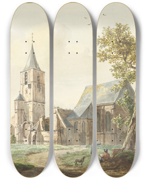 Triptych art skateboard deck of Pieter Gerardus Van Os De Kerk Te Warmond by Pieter Gerardus Van Os (1776-1836)