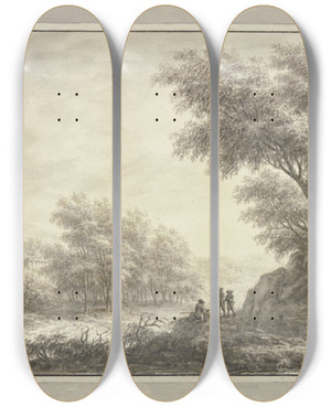 Triptych art skateboard deck of Johann Caspar Zehender Waldweg Mit Drei Jgern Links Durchblick Auf Eine Schloanlage by Johann Caspar Zehender (1742-1805)