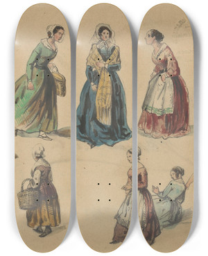 Triptych art skateboard deck of Josef Eduard Tetar Van Elven Kostuum En Bewegingsstudies by Josef Eduard Tetar Van Elven (1832-1859)