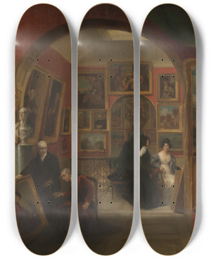 Triptych art skateboard deck of John Scarlett Davis The Interior Of The British Institution Gallery by John Scarlett Davis (1804-1845)