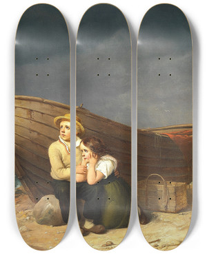 Triptych art skateboard deck of Christian Andreas Schleisner Brn Der Sger Ly Ved En Bd P Stranden by Christian Andreas Schleisner (1810-1882)