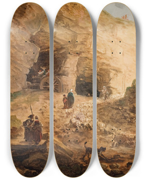 Triptych art skateboard deck of Hubert Robert A Quarry With A Flock Of Sheep by Hubert Robert (1733-1808)