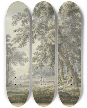 Triptych art skateboard deck of Johann Heinrich Mntz Waldpartie Mit Zwei Figurengruppen by Johann Heinrich Muntz (1727-1798)