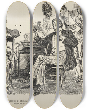 Triptych art skateboard deck of Charles Dana Gibson Studies In Expression Reading The Play by Charles Dana Gibson (1867-1944)