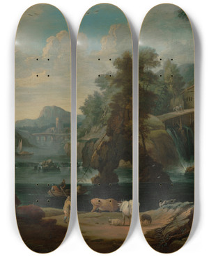Triptych art skateboard deck of Pieter Bout A Cowherd Beside A Cascading River by Pieter Bout (1658-1719)