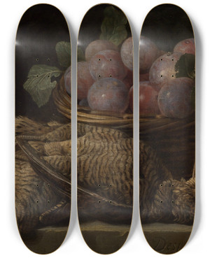 Triptych art skateboard deck of Alexandre Franois Desportes Still Life With Plums And Two Snipes On A Stone Table by Alexandre Francois Desportes (1661-1743)