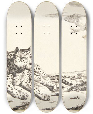 Triptych art skateboard deck of Marcus De Bye Liggende Leopard Set Forfra by Marcus de Bye (1638-1688) Triptych art skateboard deck of Marcus De Bye Liggende Leopard Set Forfra by Marcus de Bye (1638-1688)