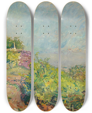 Triptych art skateboard deck of Max Slevogt Grape Harvest At Neukastel by Max Slevogt (1868-1932)