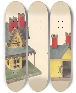 Triptych art skateboard deck of Alf Bruseth Toy Bank Building by Alf Bruseth