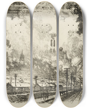 Triptych art skateboard deck of Joseph Pennell The Coal Mines by Joseph Pennell (1857-1926)