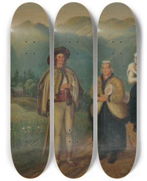 Triptych art skateboard deck of Peter Michal Boh On The Road Linen Makers by Peter Michal Bohun (1822-1879)