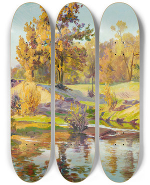 Triptych art skateboard deck of Ambroy Sabatowski Sunny Autumn by Ambrozy Sabatowski (1871-1920)