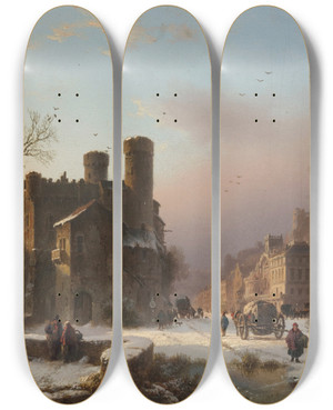 Triptych art skateboard deck of Barend Cornelis Koekkoek A Winter Landscape With Figures Near A Village by Barend Cornelis Koekkoek (1803-1862)