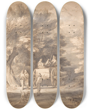 Triptych art skateboard deck of Thomas Gainsborough Wooded Landscape With Country Cart And Figures Walking Down A Lane by Thomas Gainsborough (1727-1788)