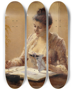 Triptych art skateboard deck of Albert Edelfelt Lady Writing A Letter by Albert Edelfelt (1854-1905)